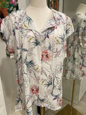 Buffalo David Bitton White Floral V-Neck Tunic with Pink & Blue Blooms